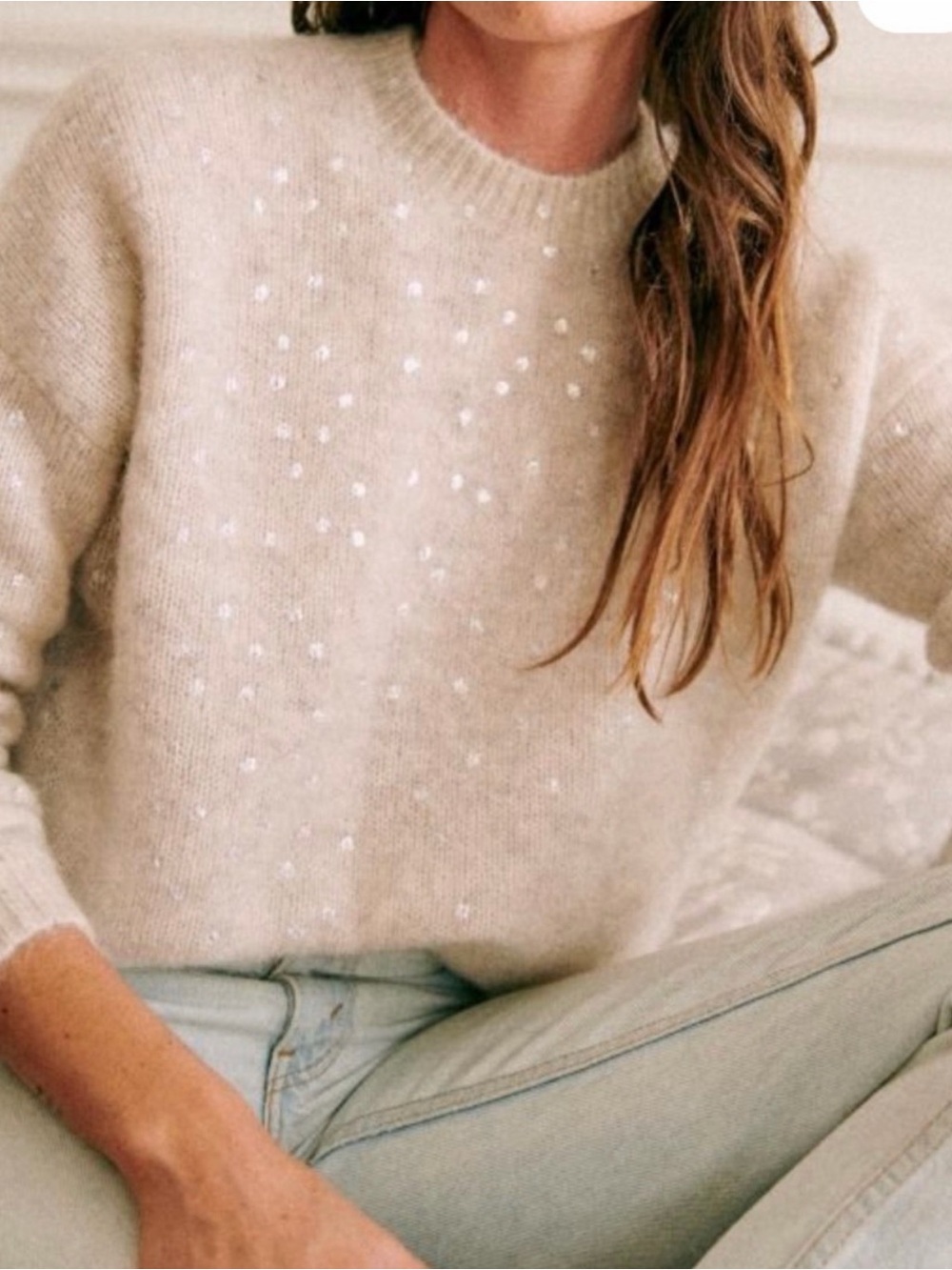 Sezane Beige Sequin Crewneck Sweater